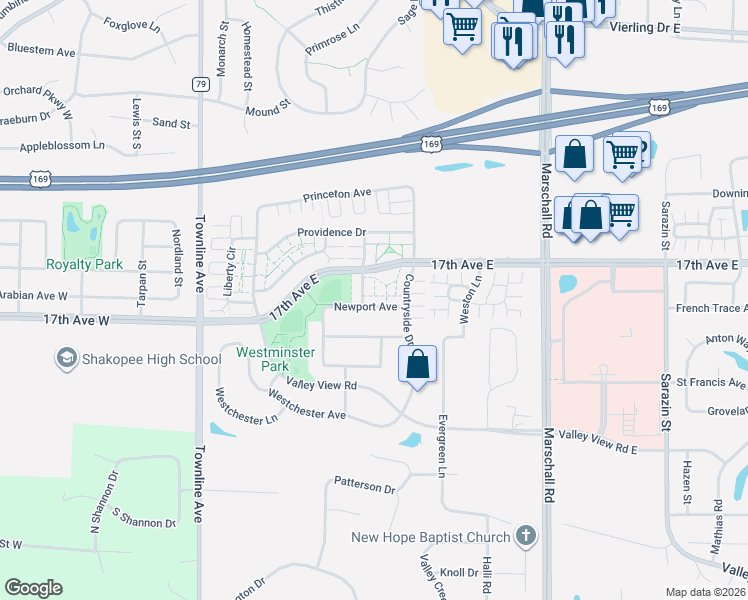 map of restaurants, bars, coffee shops, grocery stores, and more near 926 Newport Avenue in Shakopee