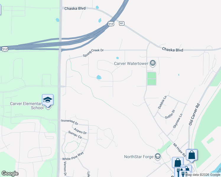 map of restaurants, bars, coffee shops, grocery stores, and more near 1055 Broadway Street in Carver
