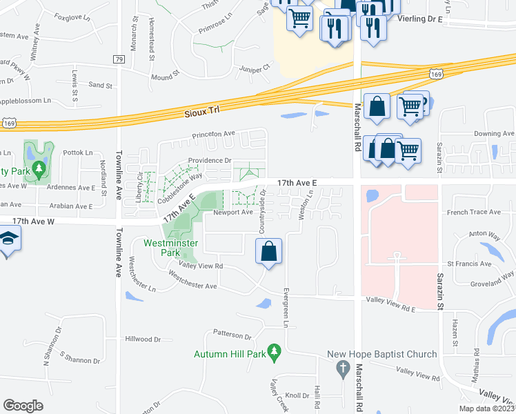 map of restaurants, bars, coffee shops, grocery stores, and more near 1037 Newport Avenue in Shakopee