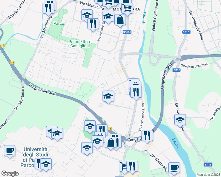 map of restaurants, bars, coffee shops, grocery stores, and more near 25 Via Filippo Brunelleschi in Parma