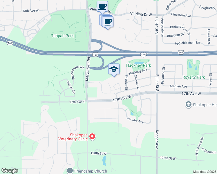 map of restaurants, bars, coffee shops, grocery stores, and more near 1601 Lusitano Street in Shakopee
