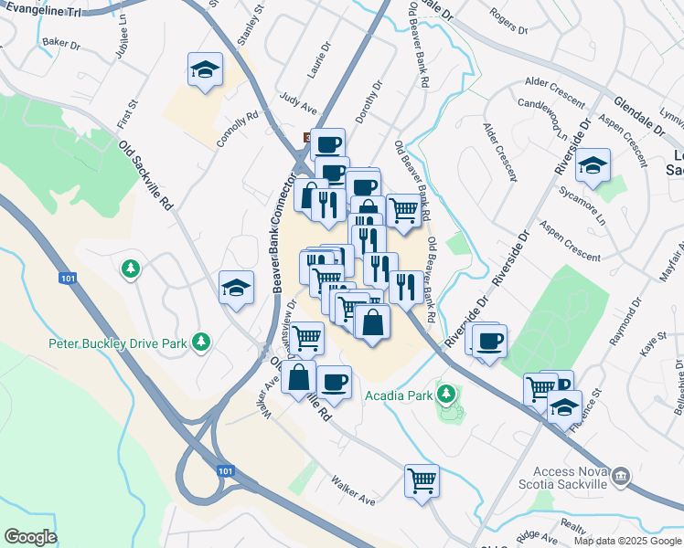 map of restaurants, bars, coffee shops, grocery stores, and more near 720 Sackville Drive in Lower Sackville
