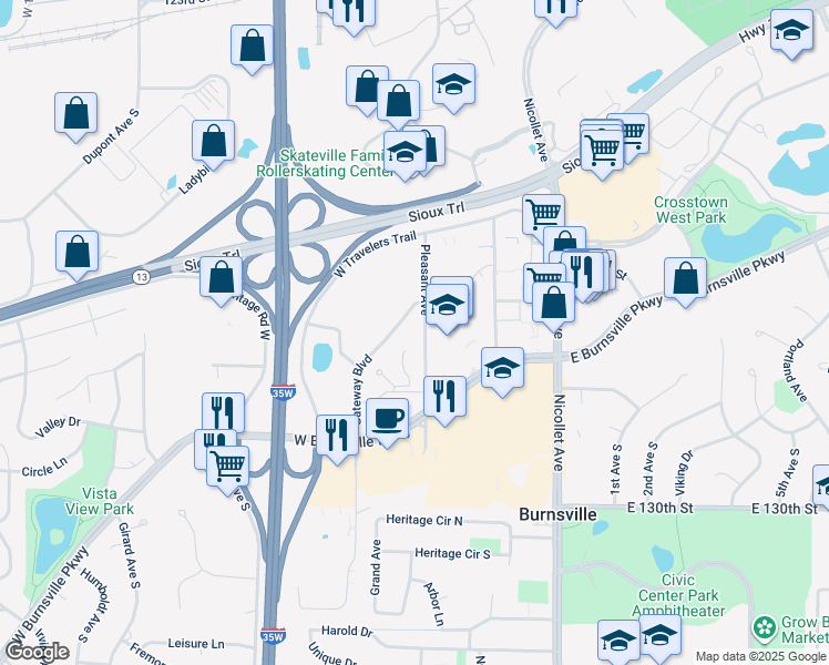 map of restaurants, bars, coffee shops, grocery stores, and more near 12650 Pleasant Avenue in Burnsville