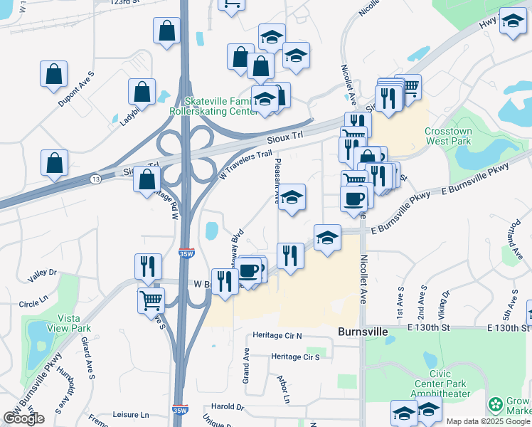 map of restaurants, bars, coffee shops, grocery stores, and more near 401-541 Gateway Blvd in Burnsville