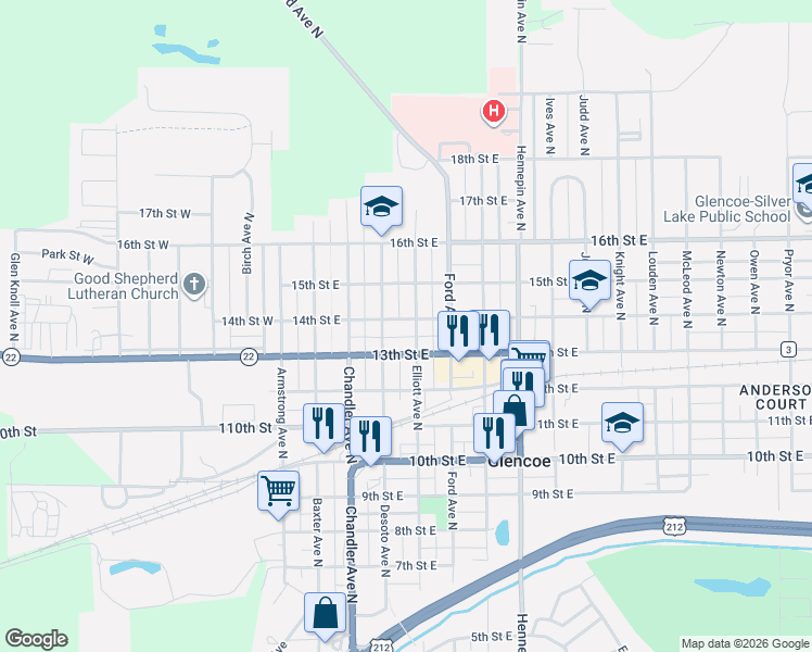 map of restaurants, bars, coffee shops, grocery stores, and more near 413 14th Street East in Glencoe