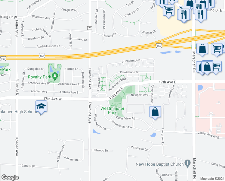 map of restaurants, bars, coffee shops, grocery stores, and more near 664 Cobblestone Way in Shakopee