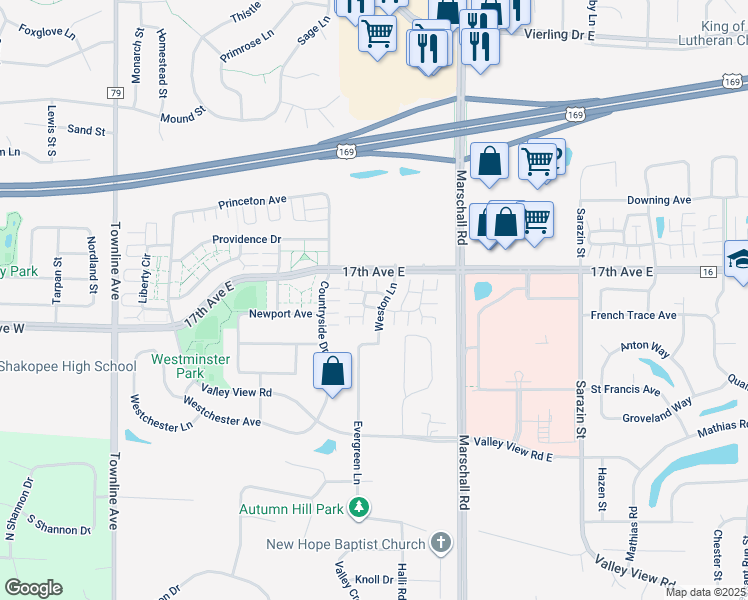map of restaurants, bars, coffee shops, grocery stores, and more near 1712 Weston Lane in Shakopee