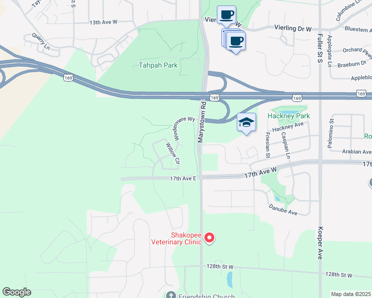 map of restaurants, bars, coffee shops, grocery stores, and more near 2572 County Highway 15 in Shakopee
