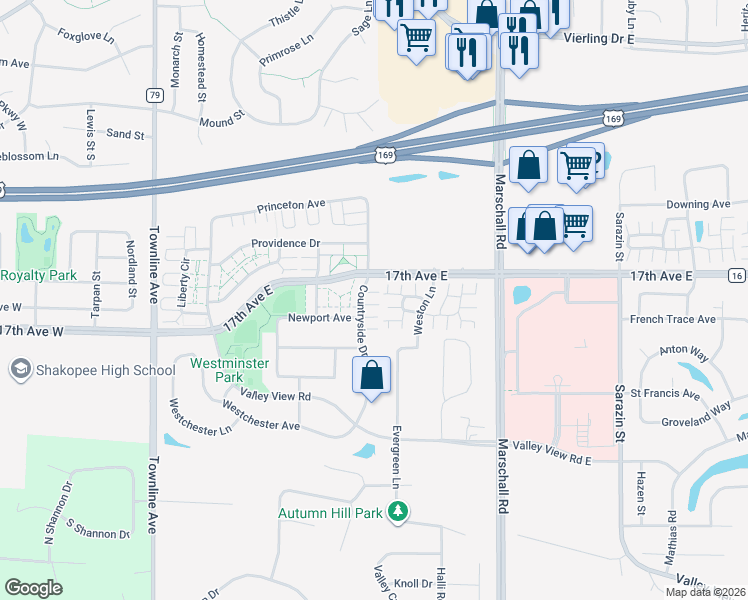 map of restaurants, bars, coffee shops, grocery stores, and more near 1735 Countryside Drive in Shakopee