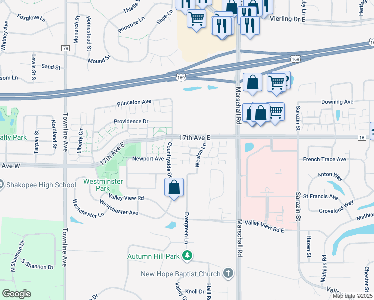 map of restaurants, bars, coffee shops, grocery stores, and more near 1188 Elmwood Avenue in Shakopee