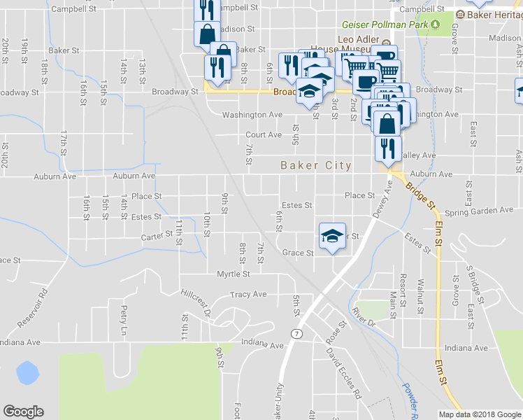 map of restaurants, bars, coffee shops, grocery stores, and more near 2551 Place Street in Baker City