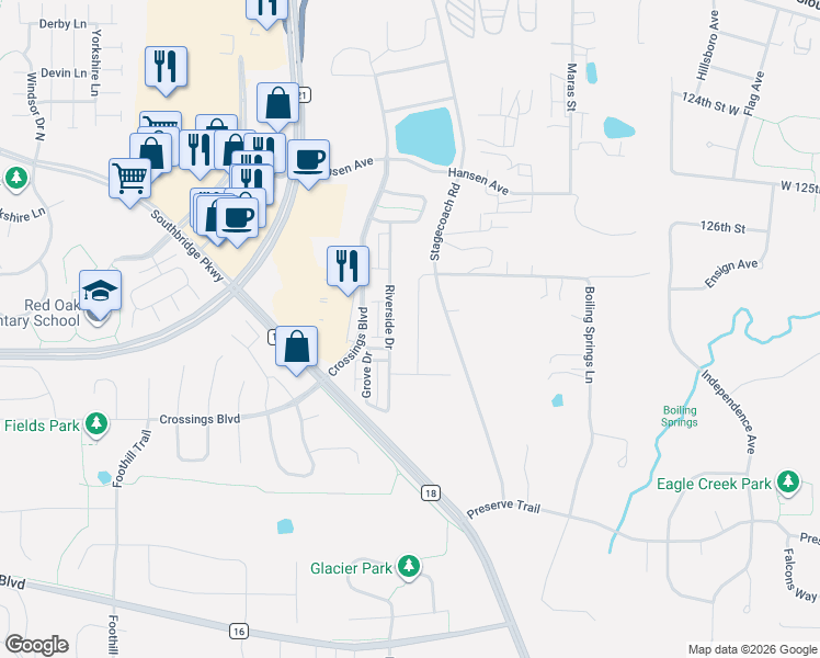 map of restaurants, bars, coffee shops, grocery stores, and more near 1716 Stagecoach Road in Shakopee