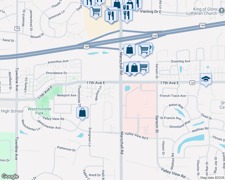 map of restaurants, bars, coffee shops, grocery stores, and more near 1397 Highpoint Curve in Shakopee