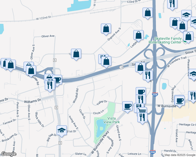 map of restaurants, bars, coffee shops, grocery stores, and more near 1318 Woodhill Road in Burnsville