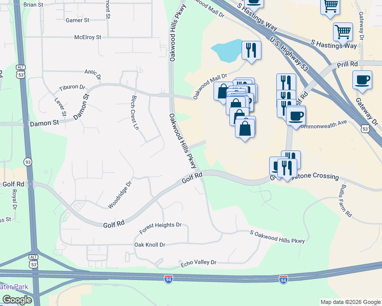 map of restaurants, bars, coffee shops, grocery stores, and more near 4207 Oakwood Hills Parkway in Eau Claire