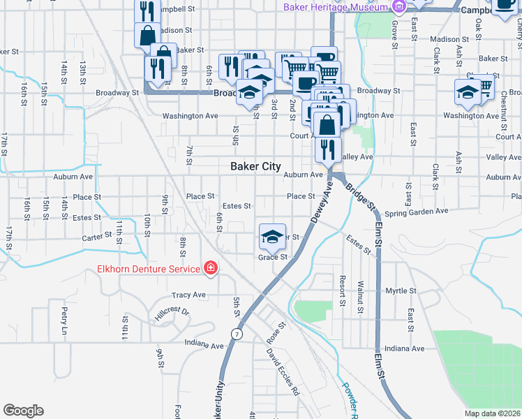 map of restaurants, bars, coffee shops, grocery stores, and more near 1586 4th Street in Baker City