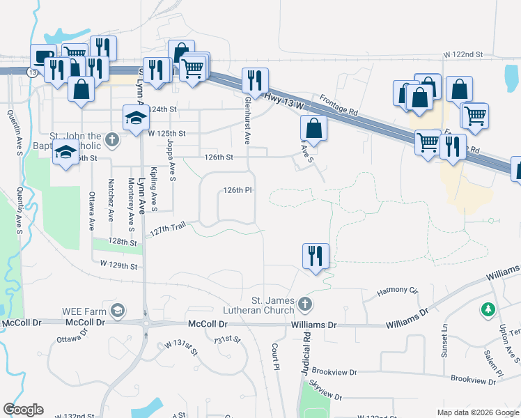 map of restaurants, bars, coffee shops, grocery stores, and more near 12655 Glenhurst Avenue in Savage