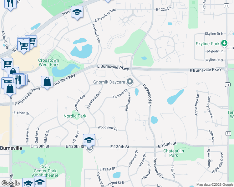 map of restaurants, bars, coffee shops, grocery stores, and more near 808 Thoreau Drive in Burnsville