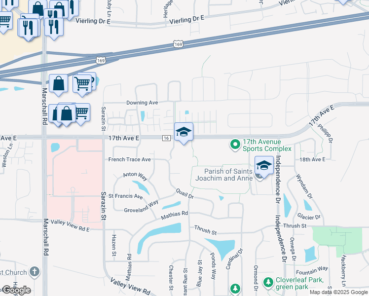 map of restaurants, bars, coffee shops, grocery stores, and more near 2250 17th Avenue East in Shakopee
