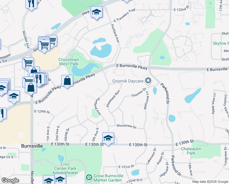 map of restaurants, bars, coffee shops, grocery stores, and more near 12704 Pheasant Run in Burnsville