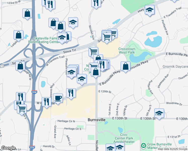 map of restaurants, bars, coffee shops, grocery stores, and more near 12601c Nicollet Avenue in Burnsville