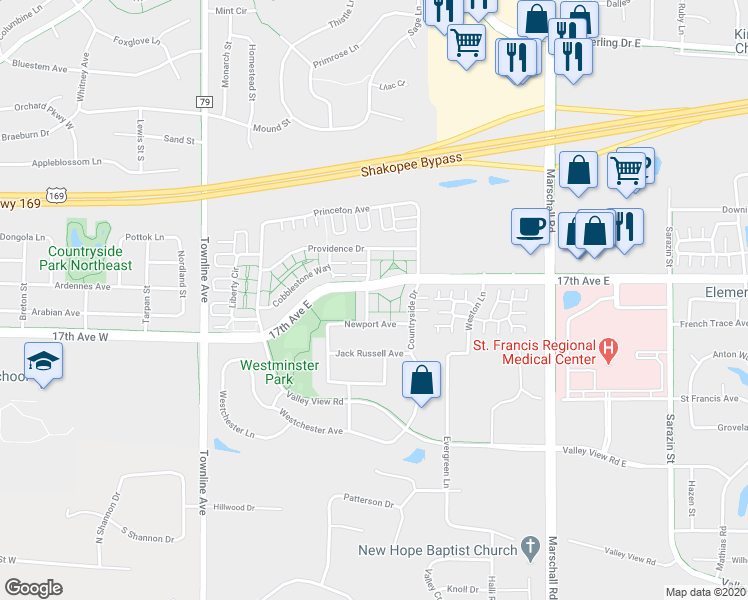 map of restaurants, bars, coffee shops, grocery stores, and more near 1777 Colonial Street in Shakopee