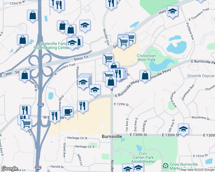 map of restaurants, bars, coffee shops, grocery stores, and more near 12700 Nicollet Avenue in Burnsville