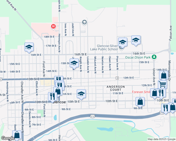 map of restaurants, bars, coffee shops, grocery stores, and more near 14th Street East in Glencoe