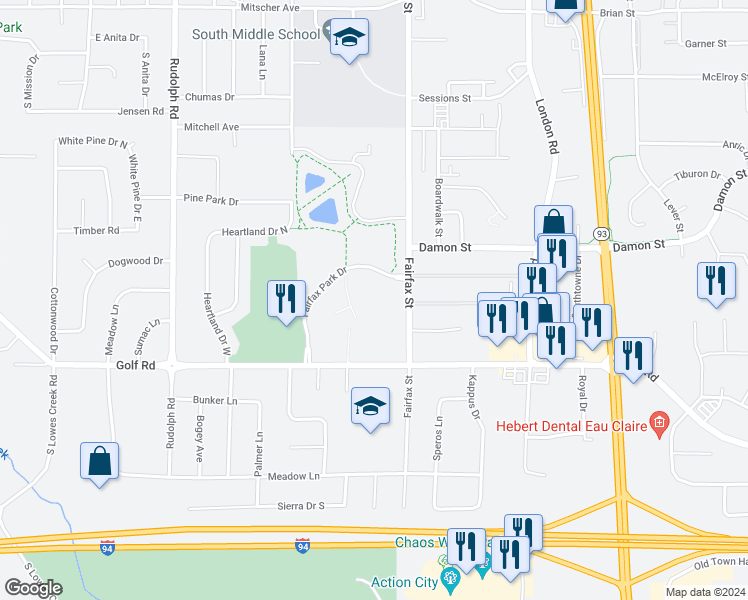 map of restaurants, bars, coffee shops, grocery stores, and more near 4200 Fairfax Street in Eau Claire