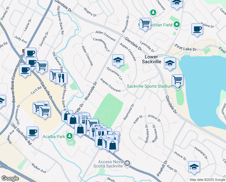 map of restaurants, bars, coffee shops, grocery stores, and more near 52 Aspen Crescent in Lower Sackville