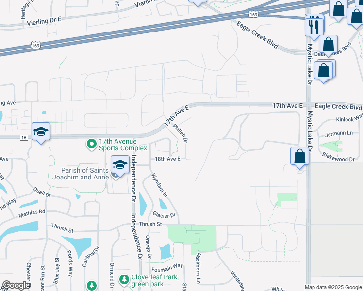 map of restaurants, bars, coffee shops, grocery stores, and more near 1750 Philipp Drive in Shakopee