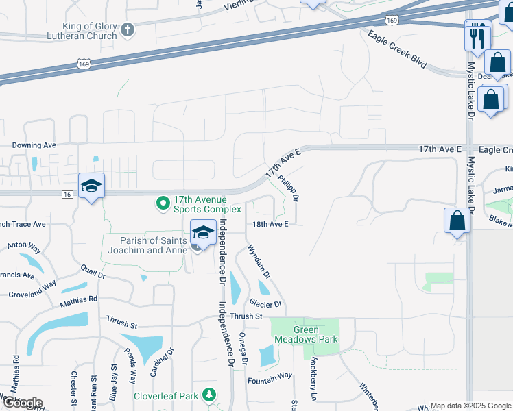map of restaurants, bars, coffee shops, grocery stores, and more near 2869 Wyndam Court in Shakopee