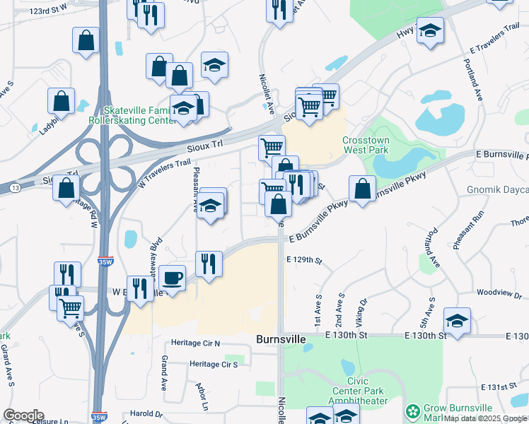 map of restaurants, bars, coffee shops, grocery stores, and more near 12700 Nicollet Avenue in Burnsville