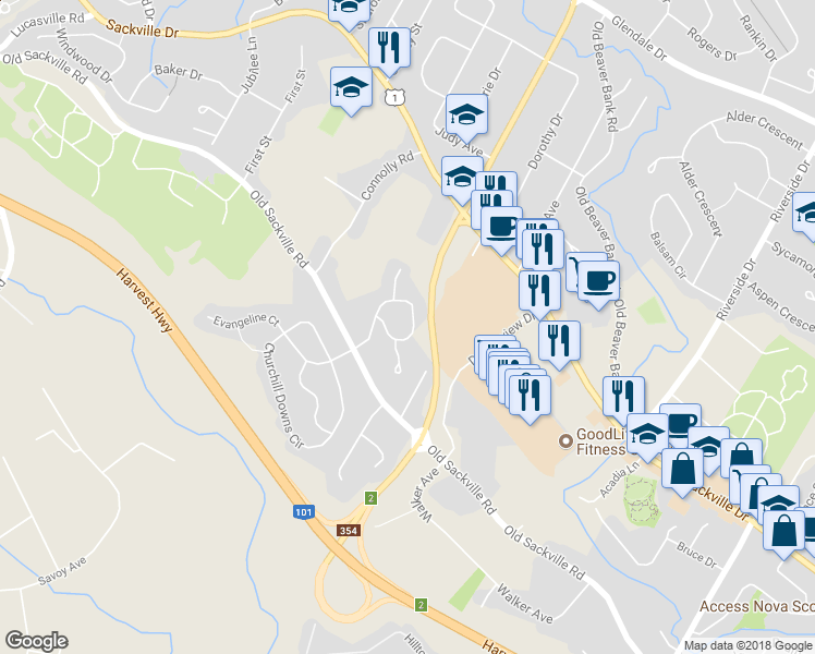 map of restaurants, bars, coffee shops, grocery stores, and more near 59 Wynn Castle Drive in Lower Sackville