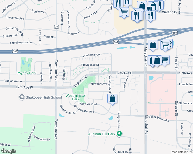 map of restaurants, bars, coffee shops, grocery stores, and more near 1776 Colonial Street in Shakopee