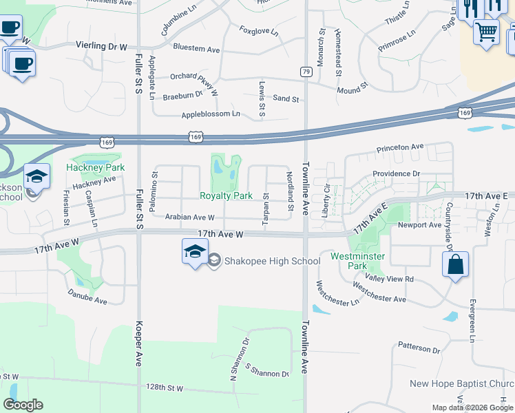 map of restaurants, bars, coffee shops, grocery stores, and more near 120 Pottok Lane in Shakopee