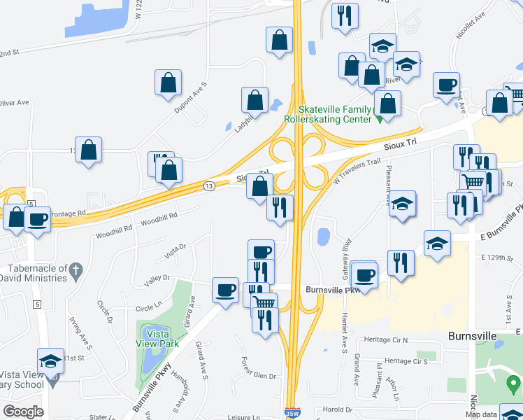 map of restaurants, bars, coffee shops, grocery stores, and more near 12600 35 Frontage Road West in Burnsville