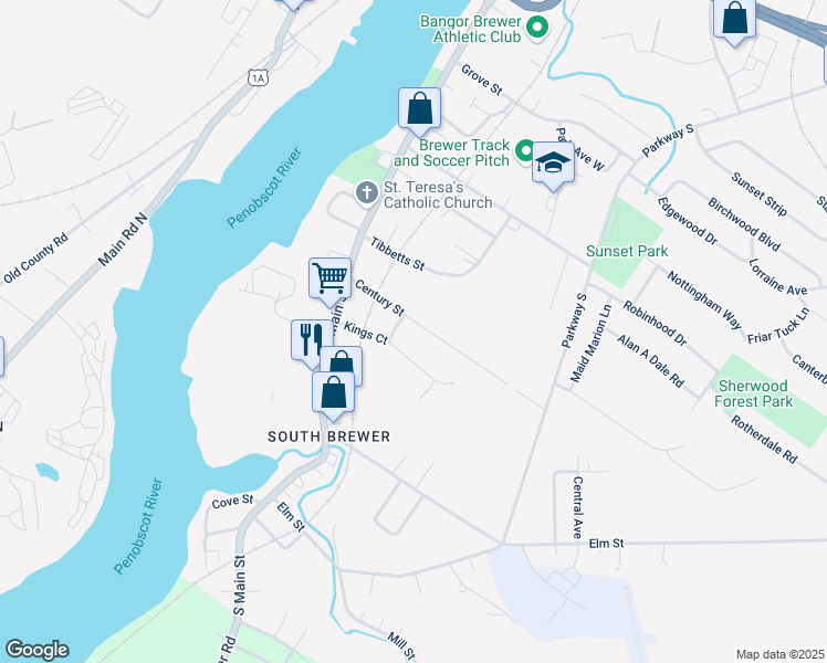 map of restaurants, bars, coffee shops, grocery stores, and more near 42 Century Street in Brewer