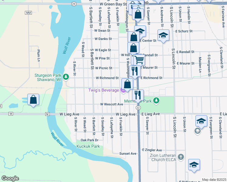 map of restaurants, bars, coffee shops, grocery stores, and more near 906 South Lafayette Street in Shawano