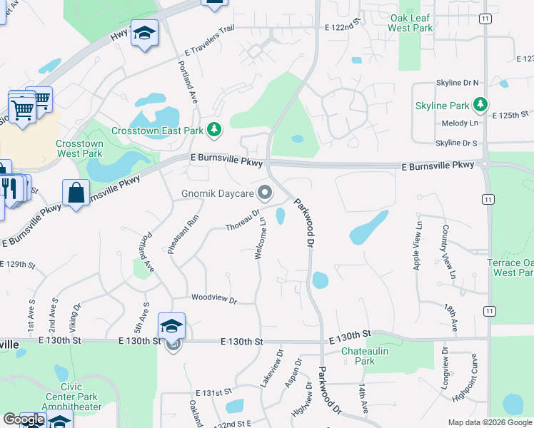 map of restaurants, bars, coffee shops, grocery stores, and more near 12701 Welcome Lane in Burnsville