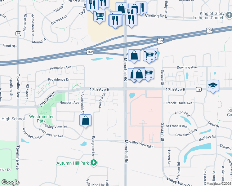 map of restaurants, bars, coffee shops, grocery stores, and more near 1395 Elmwood Avenue in Shakopee