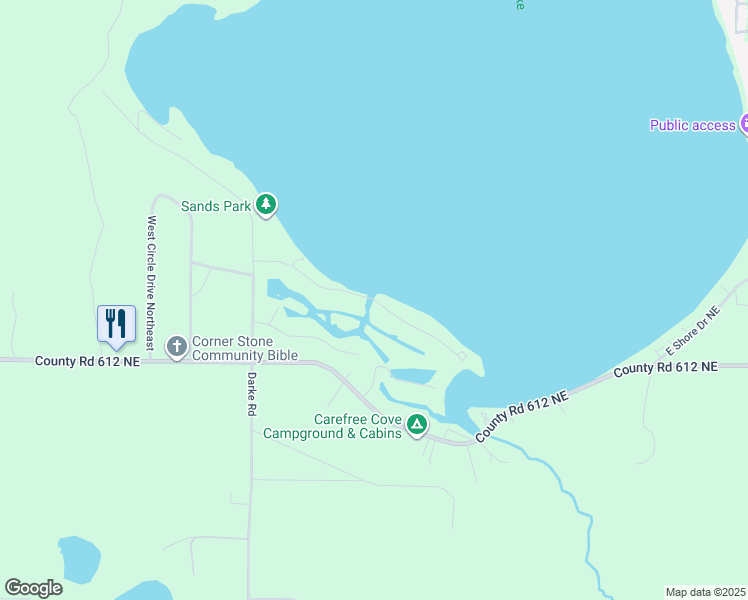 map of restaurants, bars, coffee shops, grocery stores, and more near 7563 Shore Road Northeast in Kalkaska