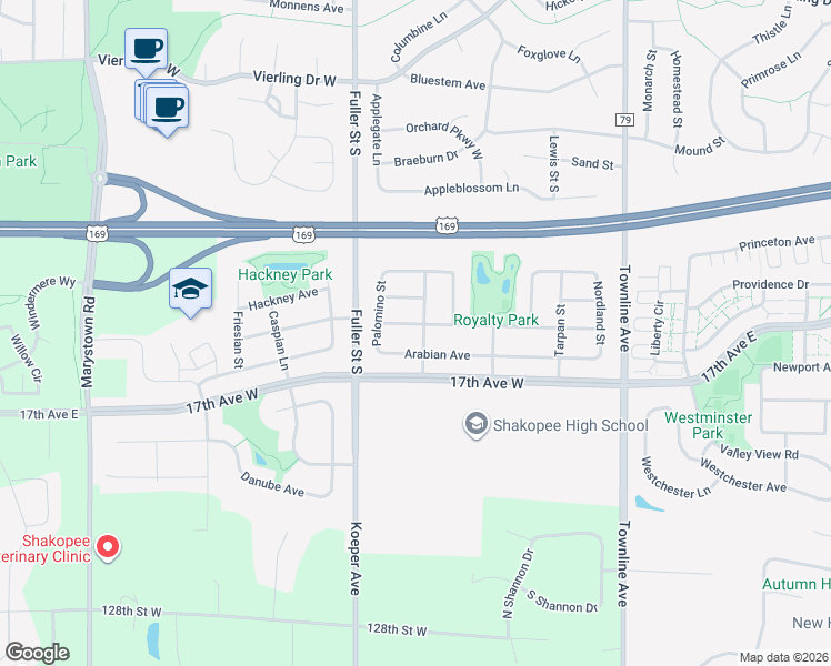 map of restaurants, bars, coffee shops, grocery stores, and more near 204 Ardennes Avenue West in Shakopee