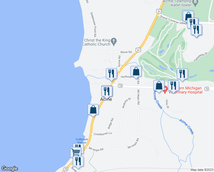 map of restaurants, bars, coffee shops, grocery stores, and more near 3470 Shores Beach Lane in Williamsburg