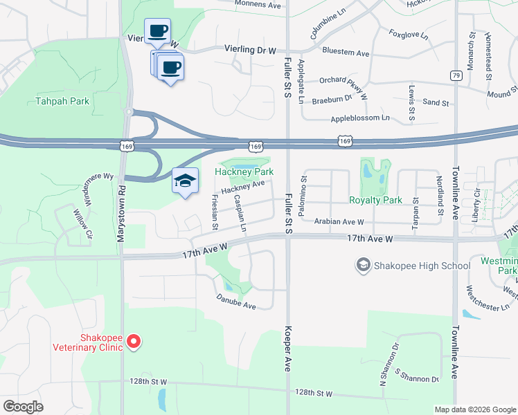 map of restaurants, bars, coffee shops, grocery stores, and more near 534 Appaloosa Avenue in Shakopee