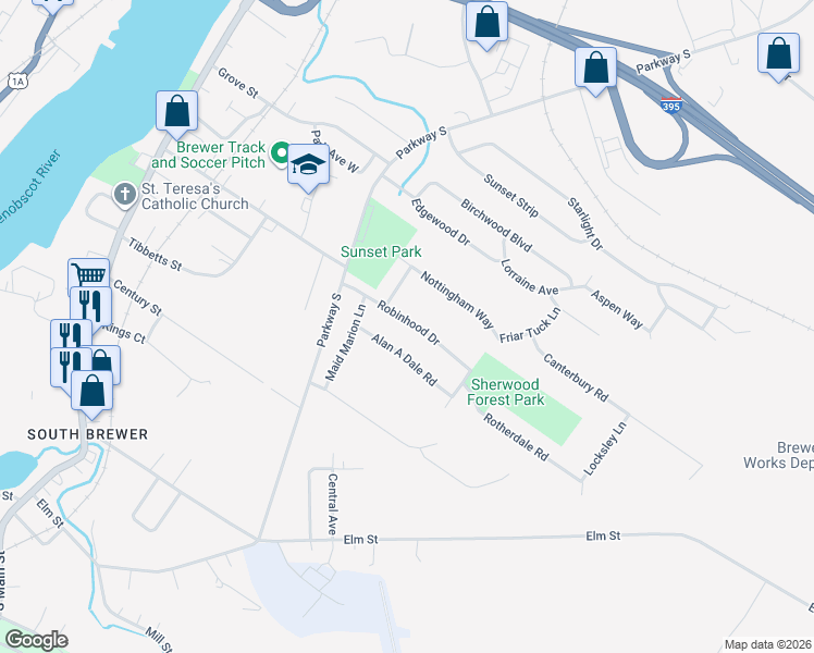 map of restaurants, bars, coffee shops, grocery stores, and more near 39 Robinhood Drive in Brewer