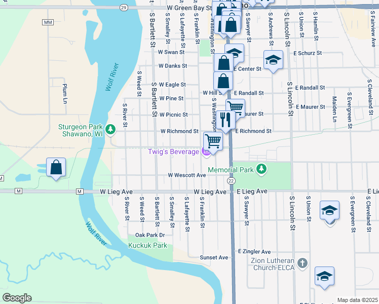 map of restaurants, bars, coffee shops, grocery stores, and more near 906 South Lafayette Street in Shawano