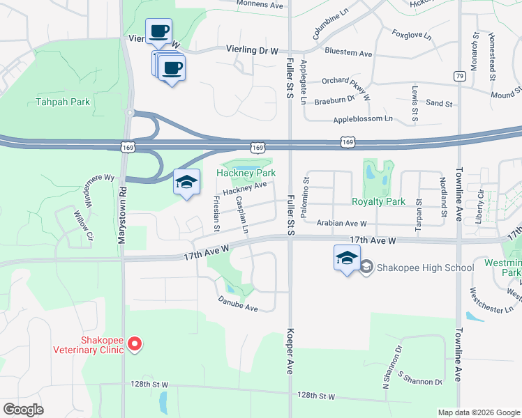 map of restaurants, bars, coffee shops, grocery stores, and more near 534 Appaloosa Avenue in Shakopee
