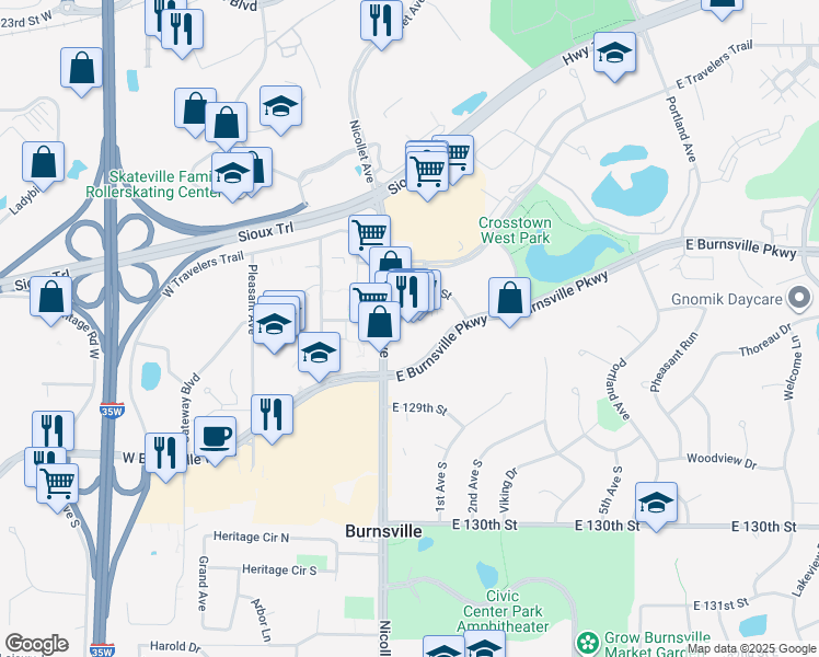 map of restaurants, bars, coffee shops, grocery stores, and more near 12609 Nicollet Avenue in Burnsville