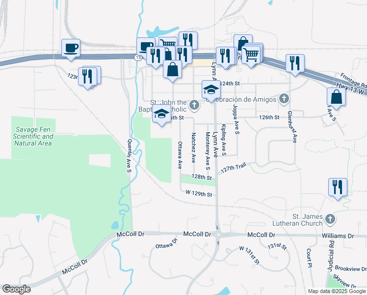 map of restaurants, bars, coffee shops, grocery stores, and more near 12697 Ottawa Avenue in Savage